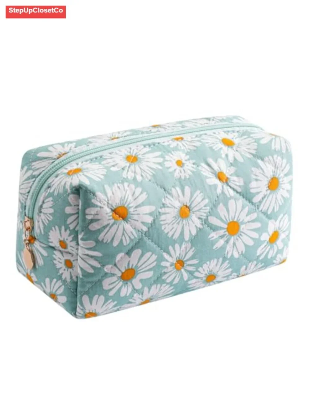 Quilted Cotton Daisy Floral Cosmetic Bag Travel Toiletry Organizer Pouch Zipper